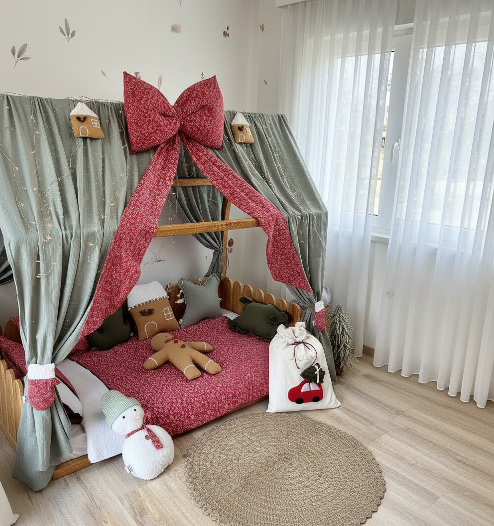 Handmade Christmas Canopy Bed for Kids – Mint Curtains, Red Bow & Cozy Holiday Bedding Set