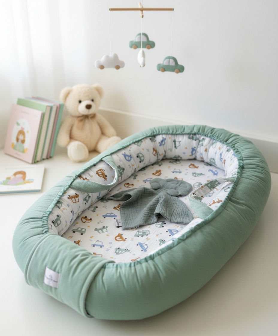 Handmade Baby Nest – Cars Cotton Muslin | Newborn Lounger for Crib