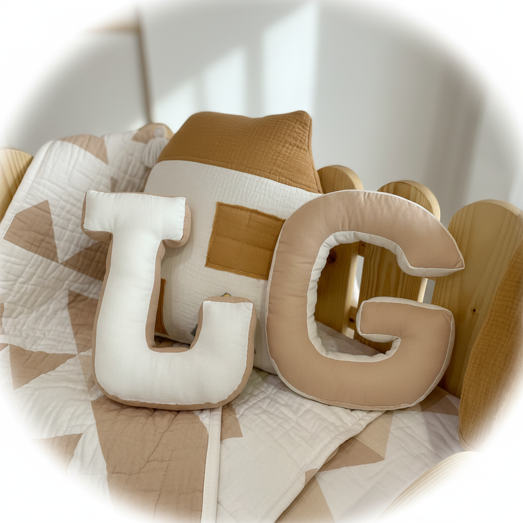 Personalized Letter Pillows with House Cushion – Neutral Nursery Name Decor Set
