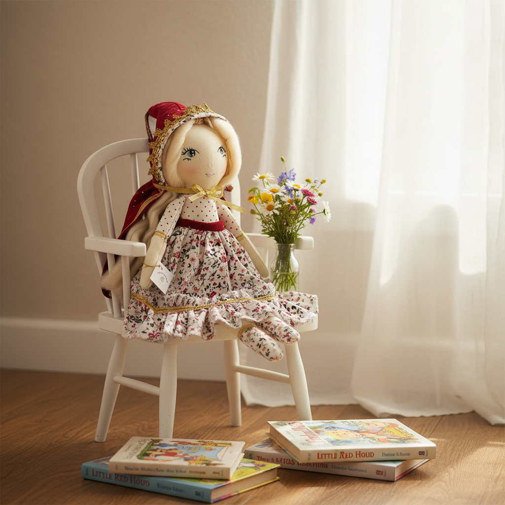 Velvet White handmade rag doll with red hoodie and floral skirt, long hair, hand embroidered stitched face