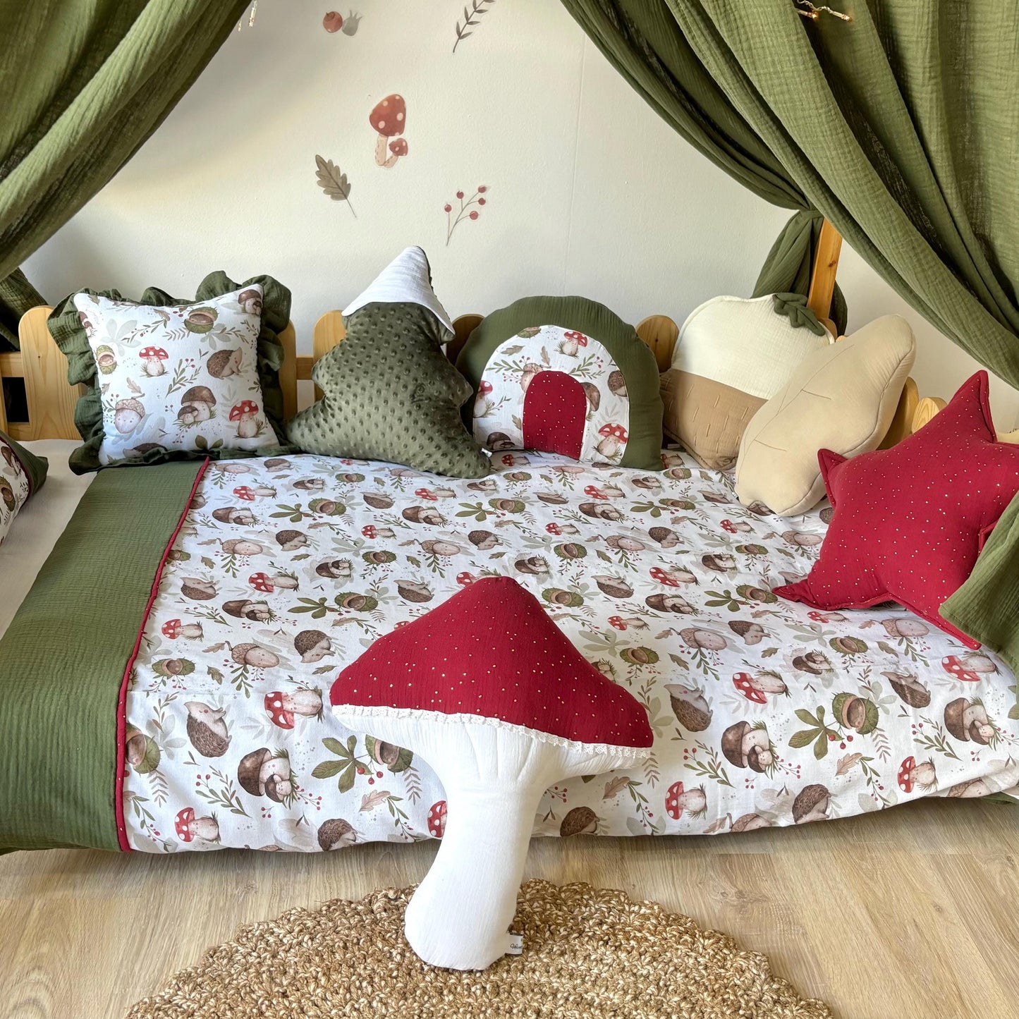 Kids Decorative Forest Friends Pillows, Mushroom Themed Children's Room