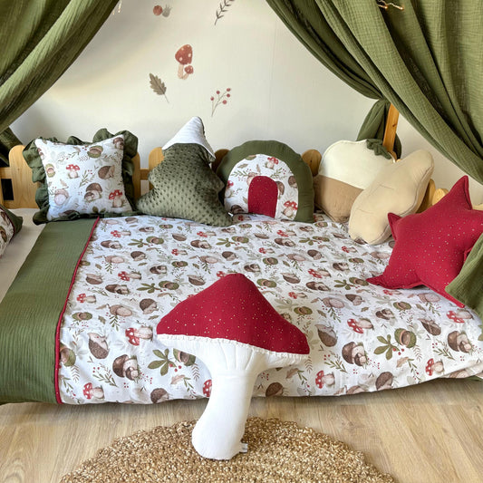 Kids Decorative Forest Friends Pillows, Mushroom Themed Children's Room