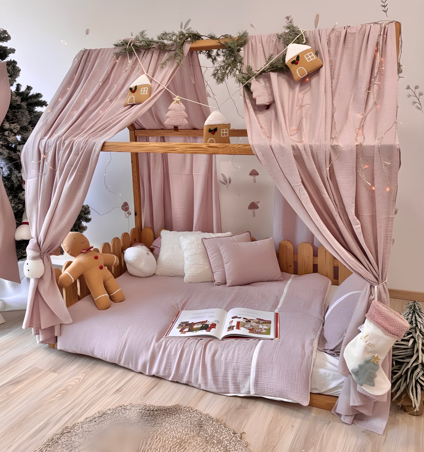 Handmade Kids Bed Canopy with Pink Curtains & White Bow – Girls Room Decor