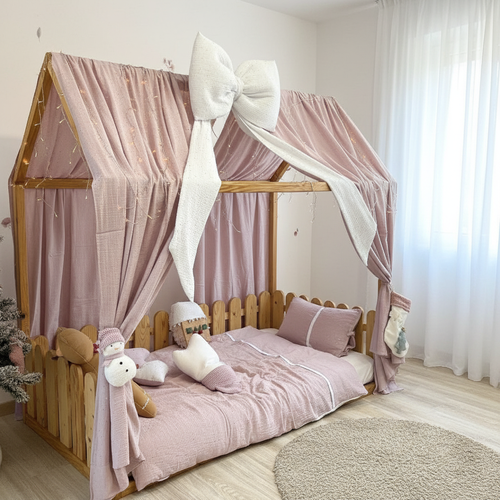 Handmade Kids Bed Canopy with Pink Curtains & White Bow – Girls Room Decor