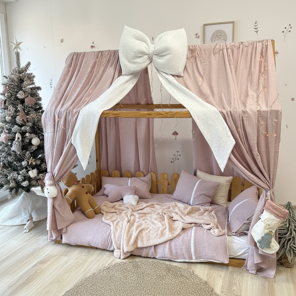 Handmade Kids Bed Canopy with Pink Curtains & White Bow – Girls Room Decor