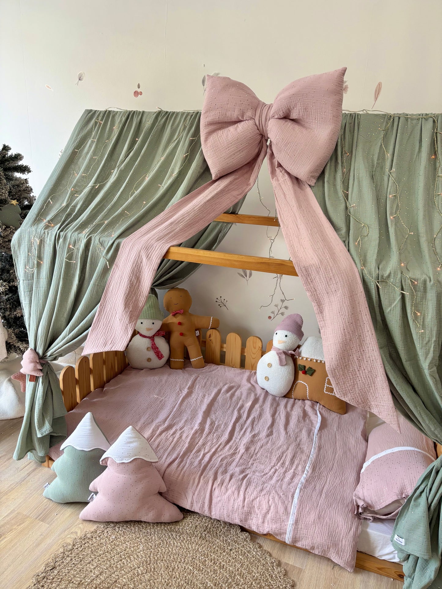 Handmade Kids Bed Canopy with Mint Curtains & Pink Bow – Girls Room Decor