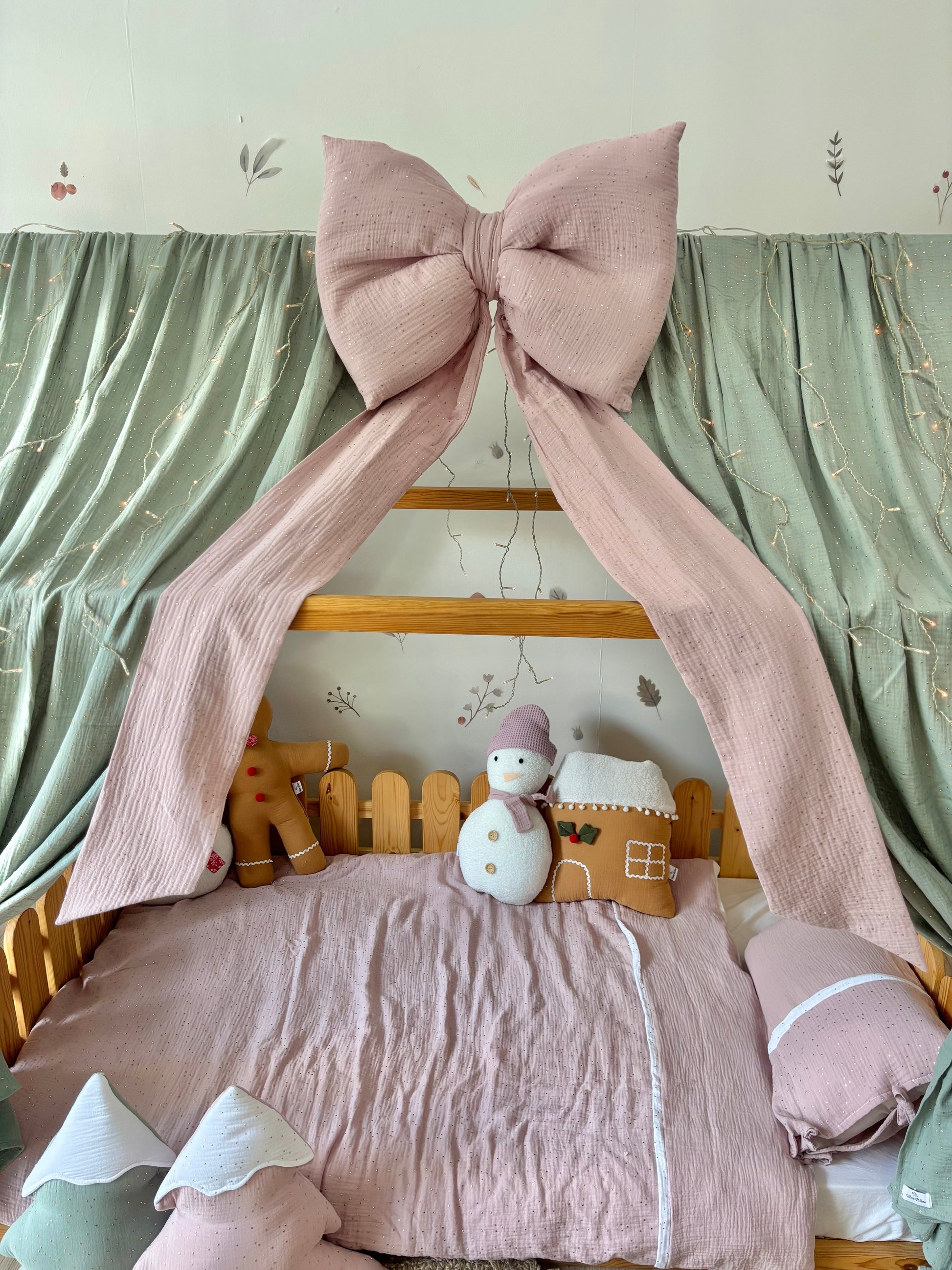 Handmade Kids Bed Canopy with Mint Curtains & Pink Bow – Girls Room Decor