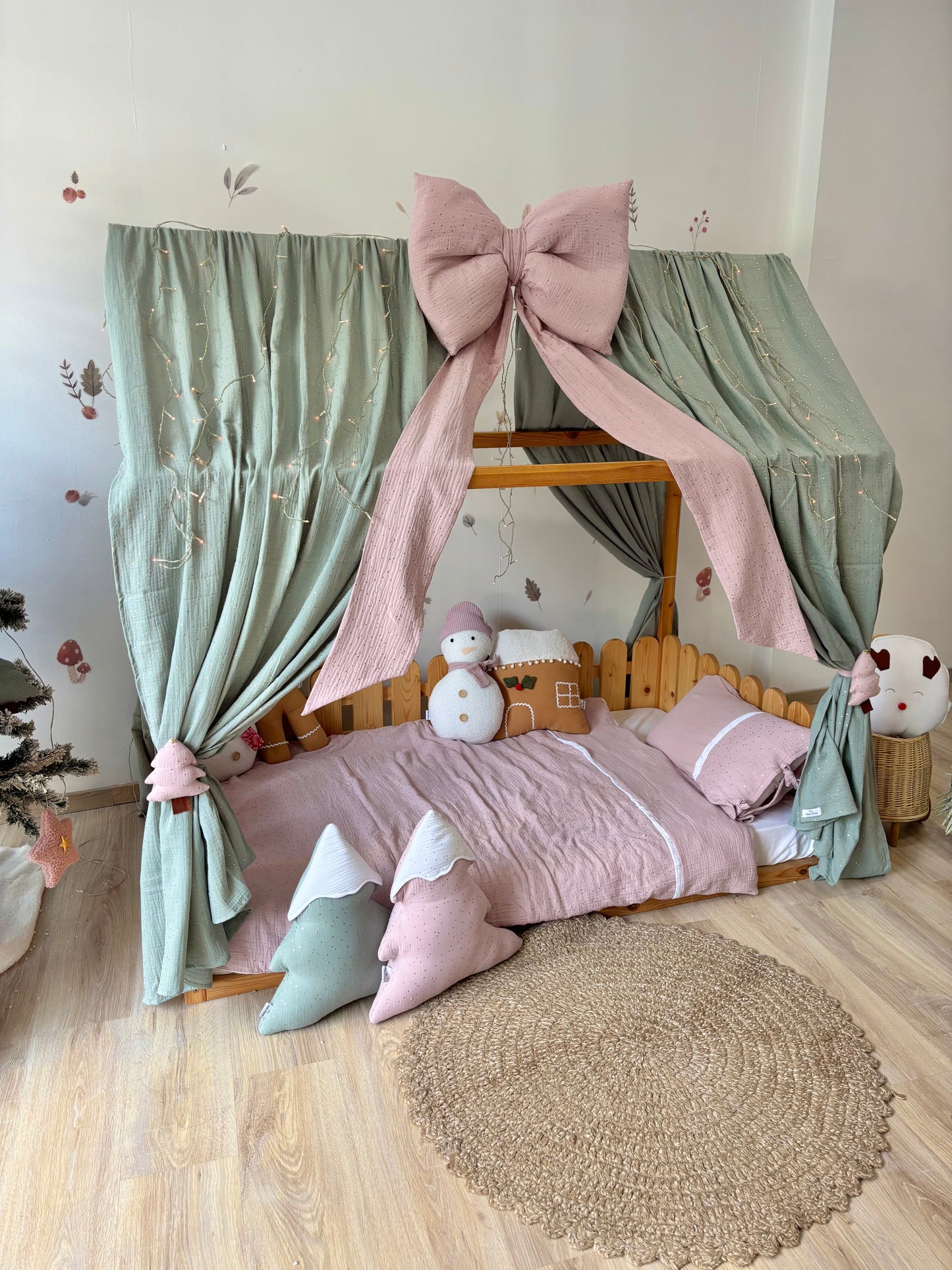 Handmade Kids Bed Canopy with Mint Curtains & Pink Bow – Girls Room Decor