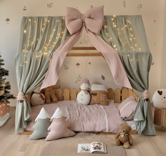 Handmade Kids Bed Canopy with Mint Curtains & Pink Bow – Girls Room Decor