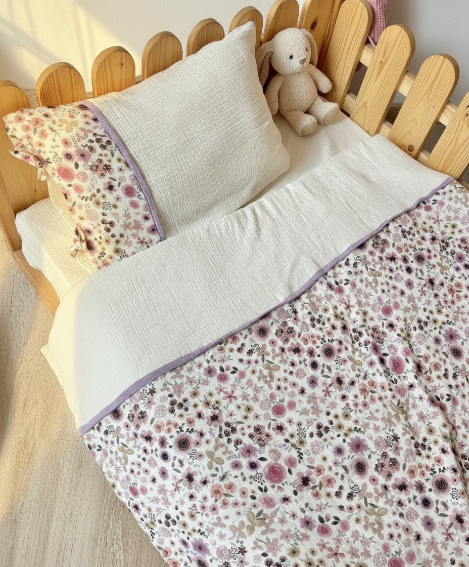 Handmade cotton muslin toddler duvet cover set with flowers print styling on wooden Montessori kids bed