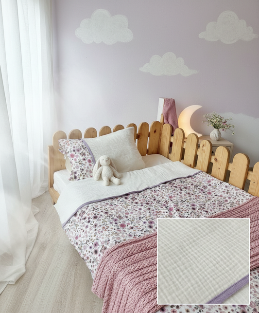 Handmade cotton muslin toddler duvet cover set with flowers print styling on wooden Montessori kids bed