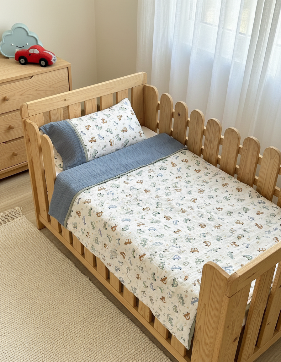 Handmade cotton muslin toddler duvet cover set with cars print styling on wooden Montessori kids bed