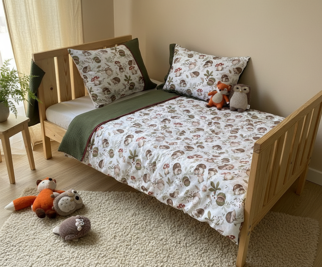 Handmade cotton muslin toddler duvet cover set with woodland print styling on wooden Montessori kids bed