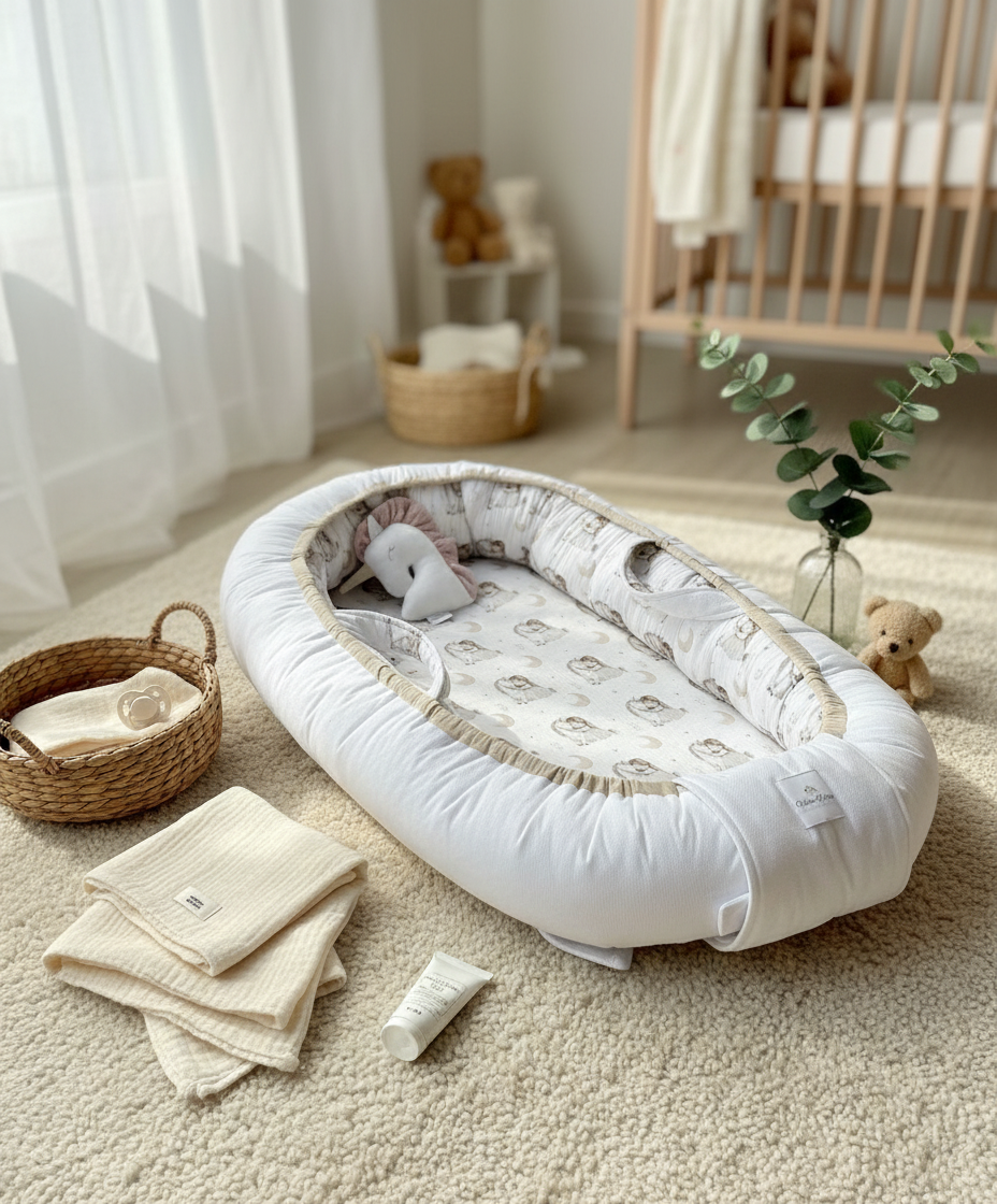 Handmade Baby Nest – Unicorn Cotton Muslin | Newborn Lounger for Crib