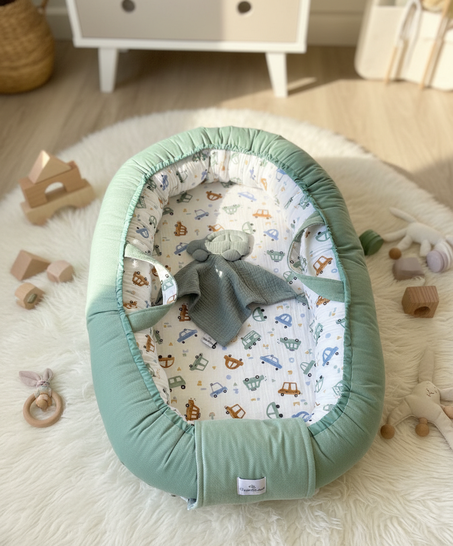 Handmade Baby Nest – Cars Cotton Muslin | Newborn Lounger for Crib