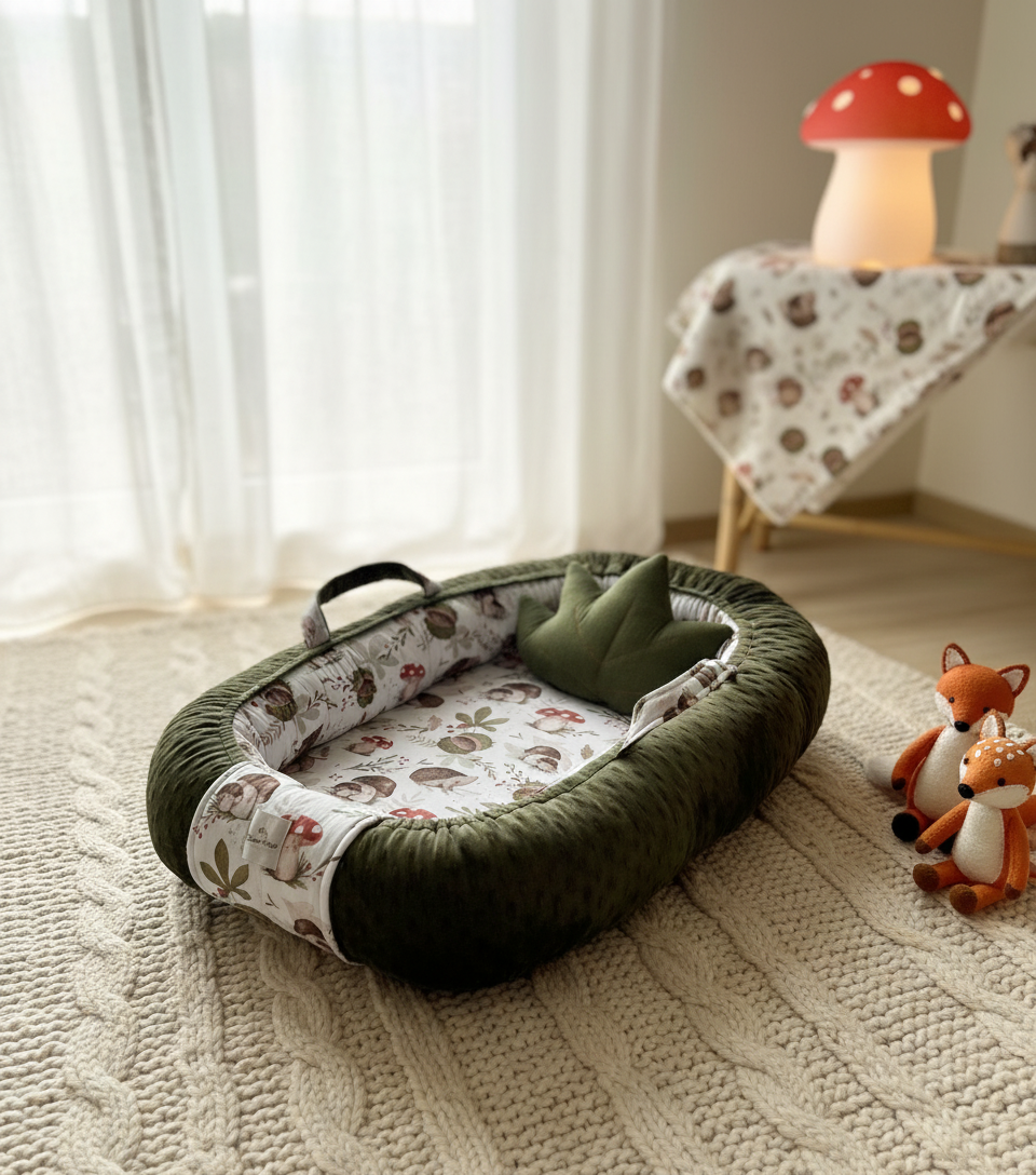 Handmade Baby Nest – Woodland Cotton Muslin | Newborn Lounger for Crib