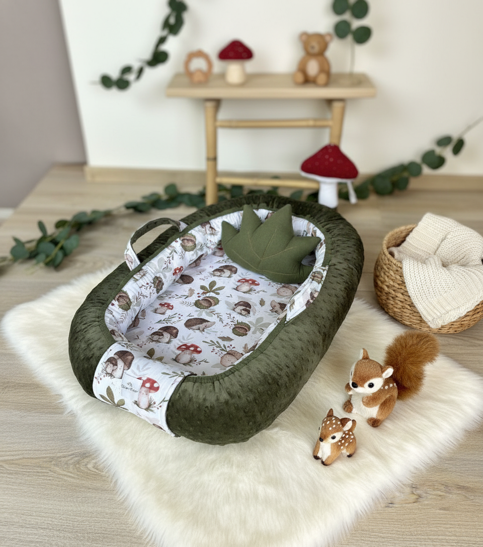 Handmade Baby Nest – Woodland Cotton Muslin | Newborn Lounger for Crib