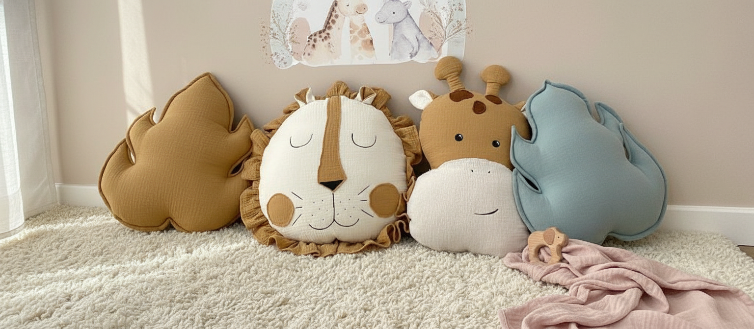 Giraffe pillow in toddler reading nook