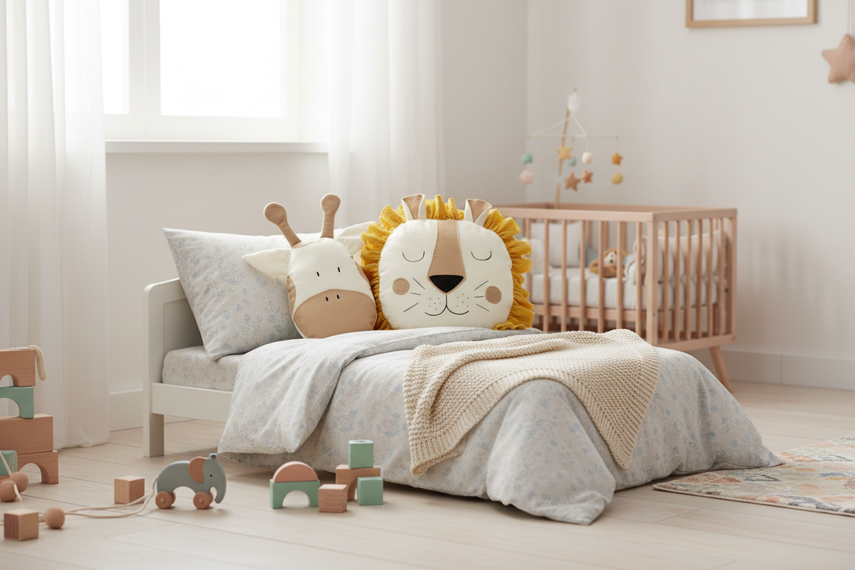 Soft handmade lion and giraffe decorative pillows styled on a cozy nursery armchair, adding warm and playful character to a baby’s room.