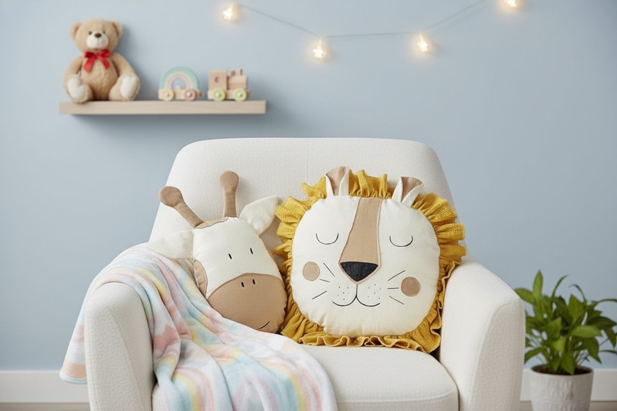 Soft handmade lion and giraffe decorative pillows styled on a cozy nursery armchair, adding warm and playful character to a baby’s room.