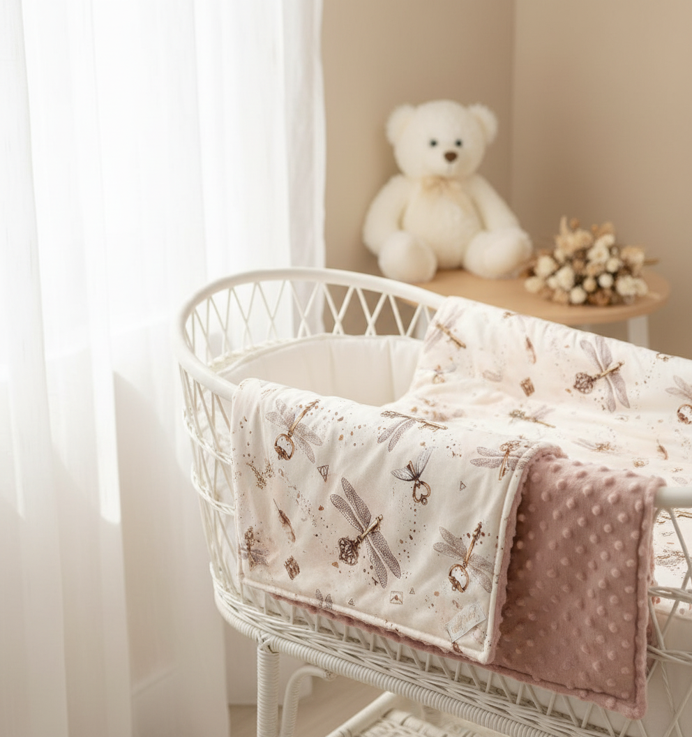 Double-sided baby blanket with cotton bear and forest print on one side and soft grey minky fabric on the other, displayed draped over a white crib in a cozy nursery.