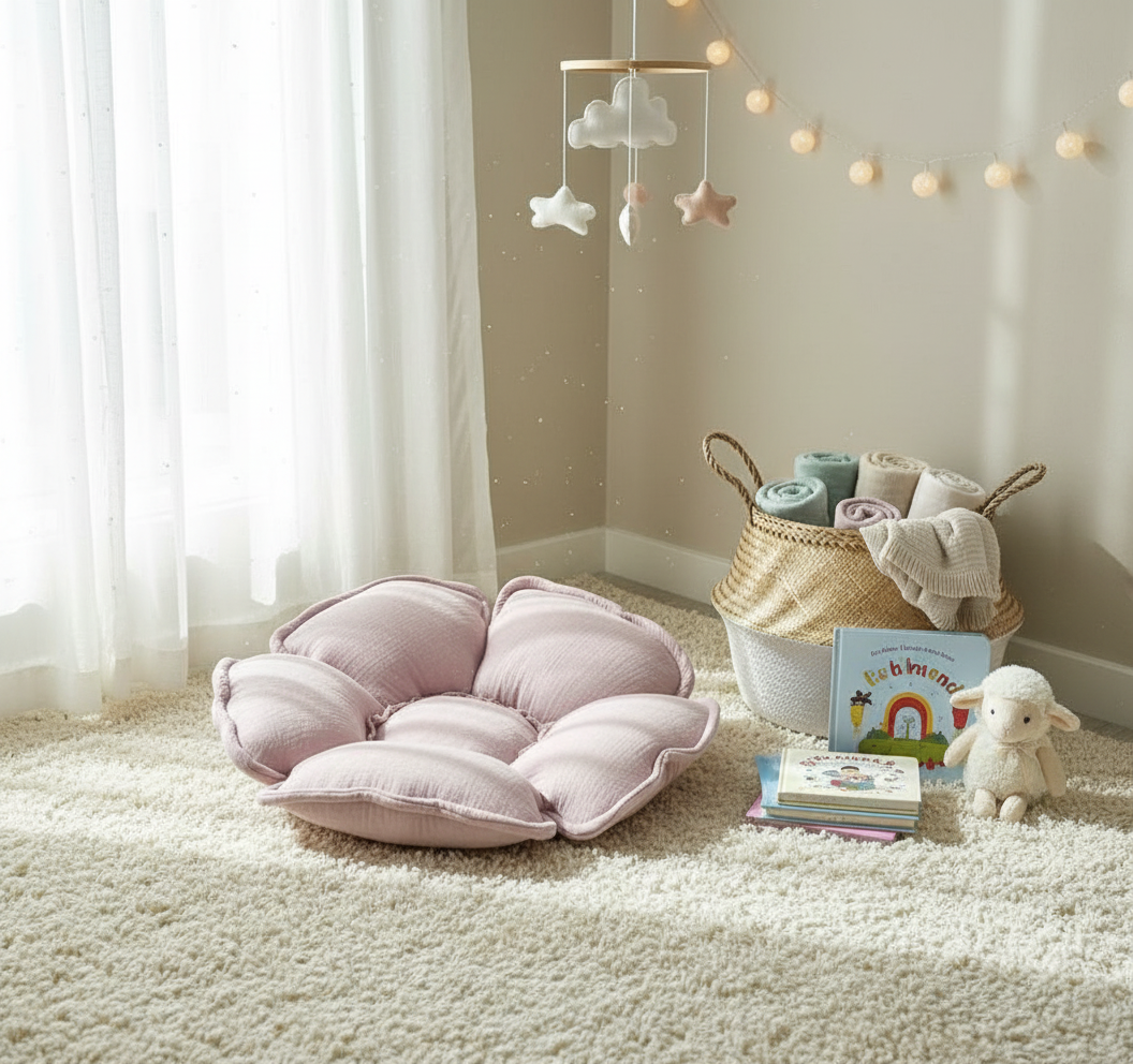Children's room with pink cushion, basket of toys, and baby books on a carpeted floor.