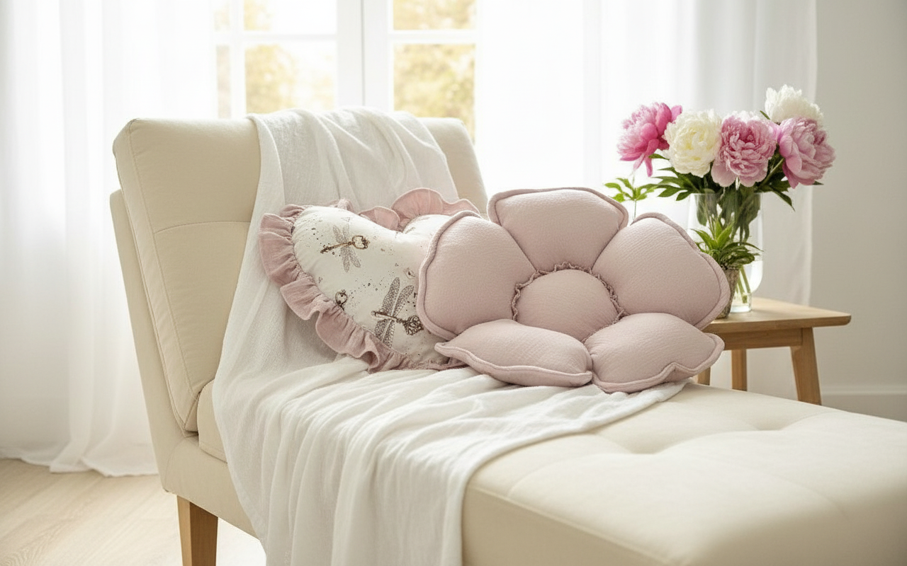 Soft blush pink flower-shaped floor cushion for babies and toddlers placed in a cozy nursery play corner with natural light and wooden toys.