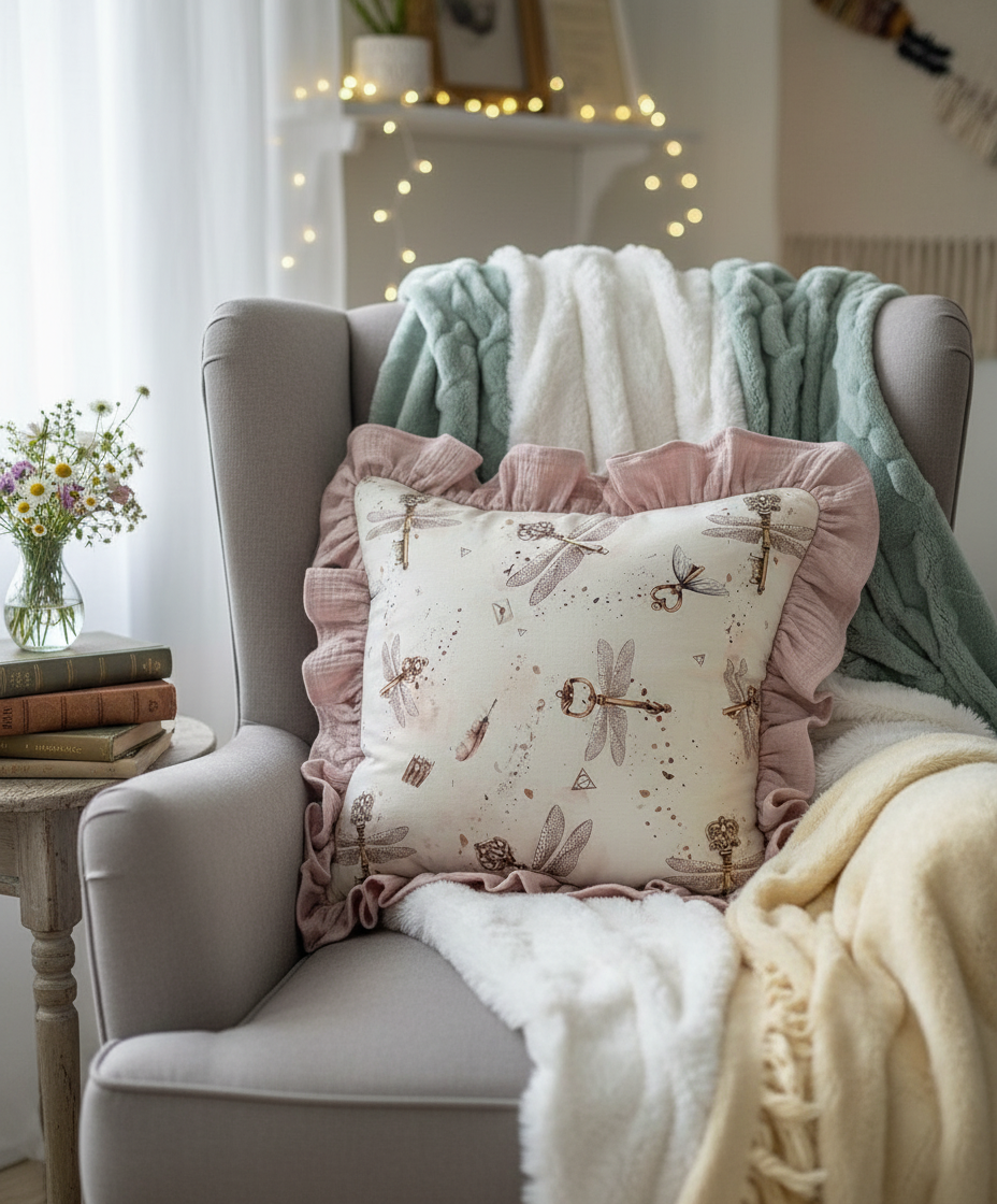 Cozy living room with a gray armchair featuring decorative pillows and blankets.