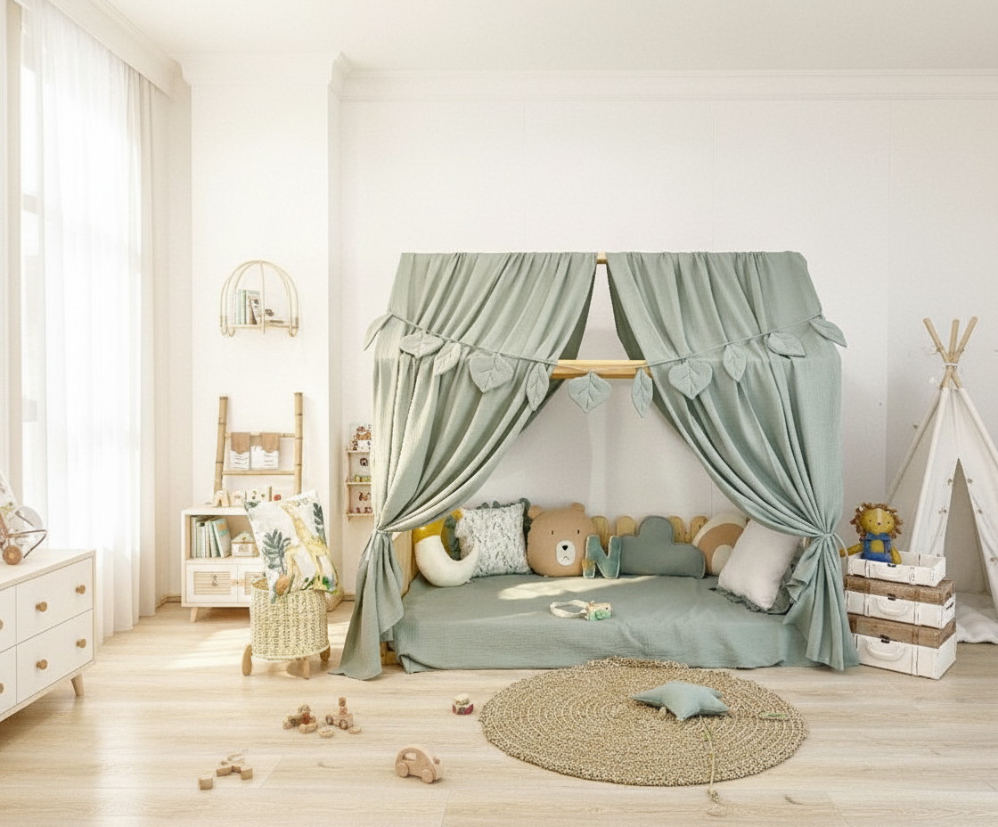 Montessori play space with leaf garland