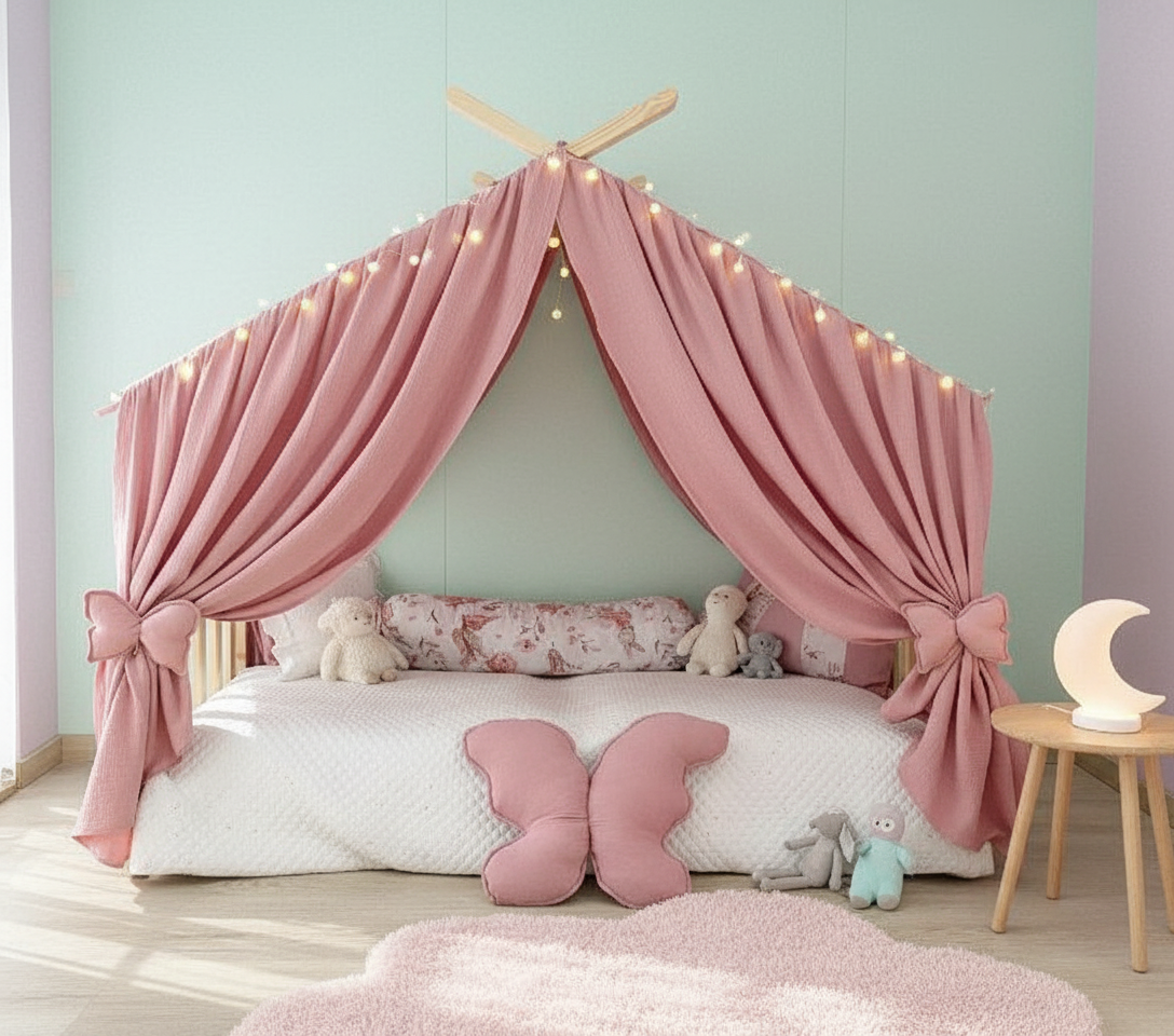 Play corner with bow tiebacks and butterfly pillow