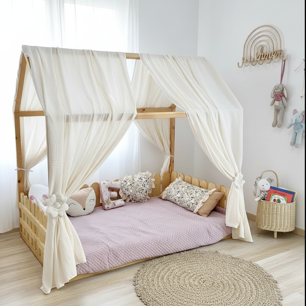 Cream canopy draped over Montessori floor bed