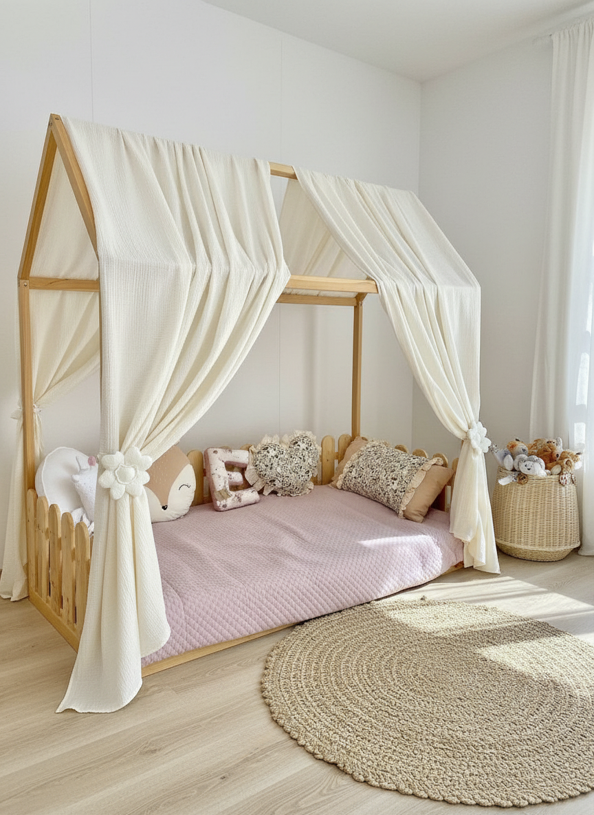 Neutral nursery canopy with soft bedding