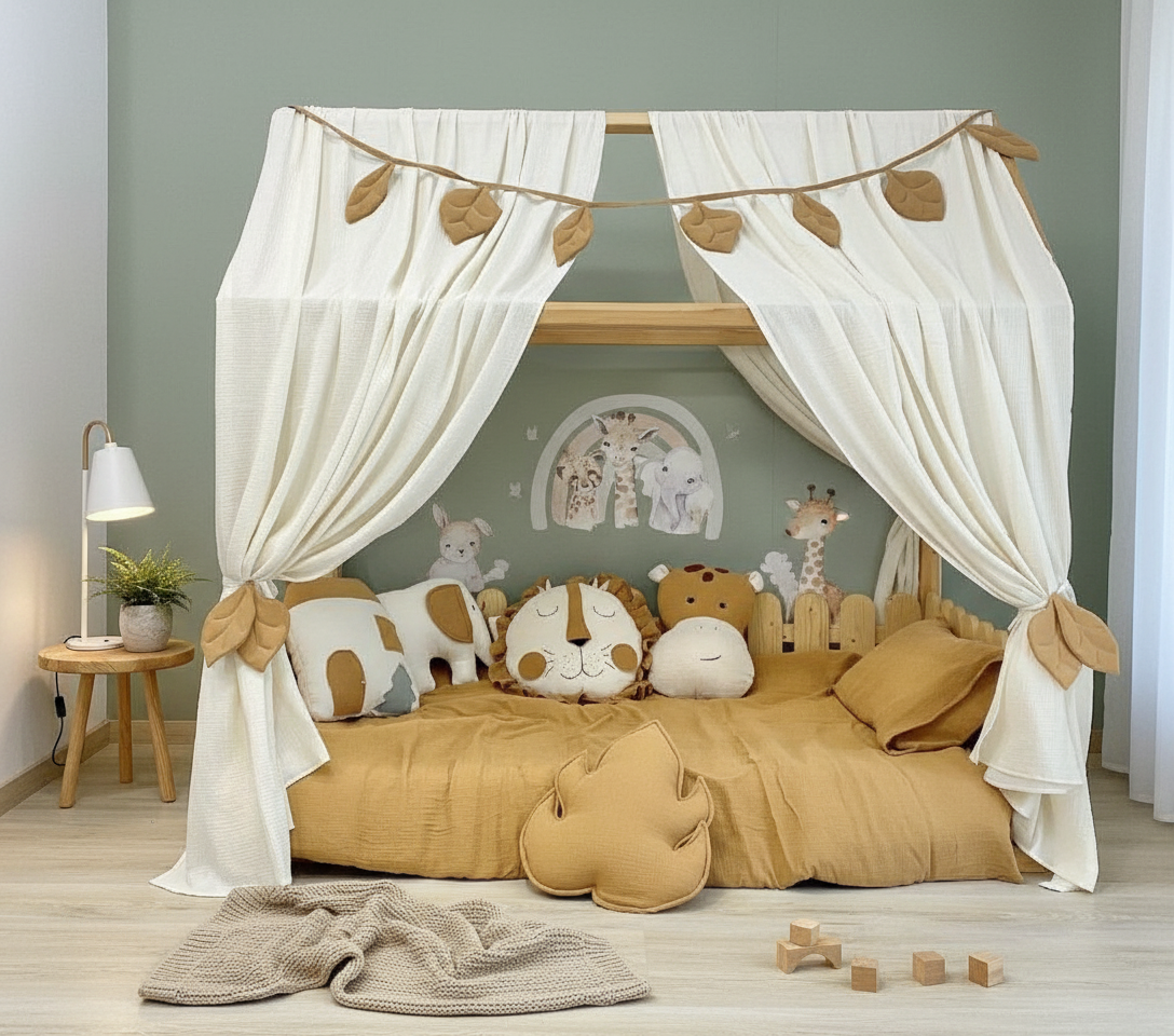 Neutral nursery play corner with natural textures