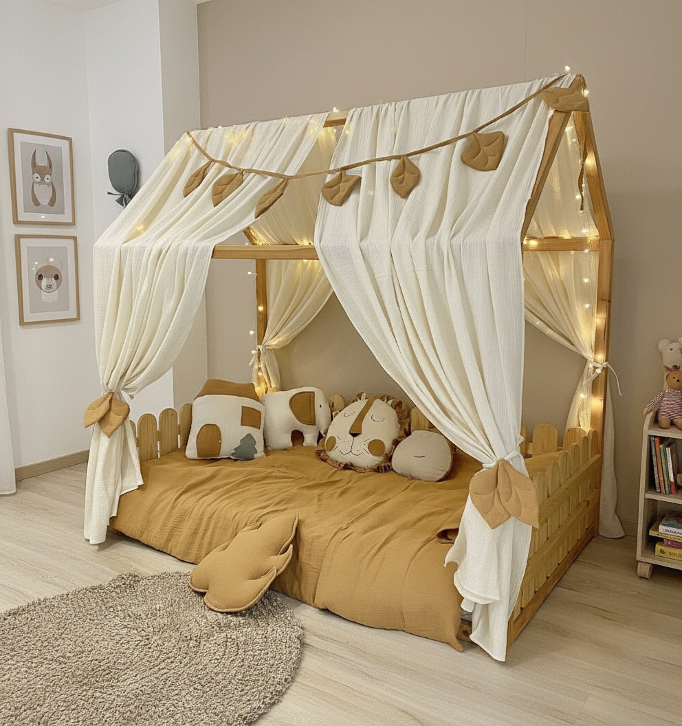 Cream canopy with leaf tiebacks over Montessori bed