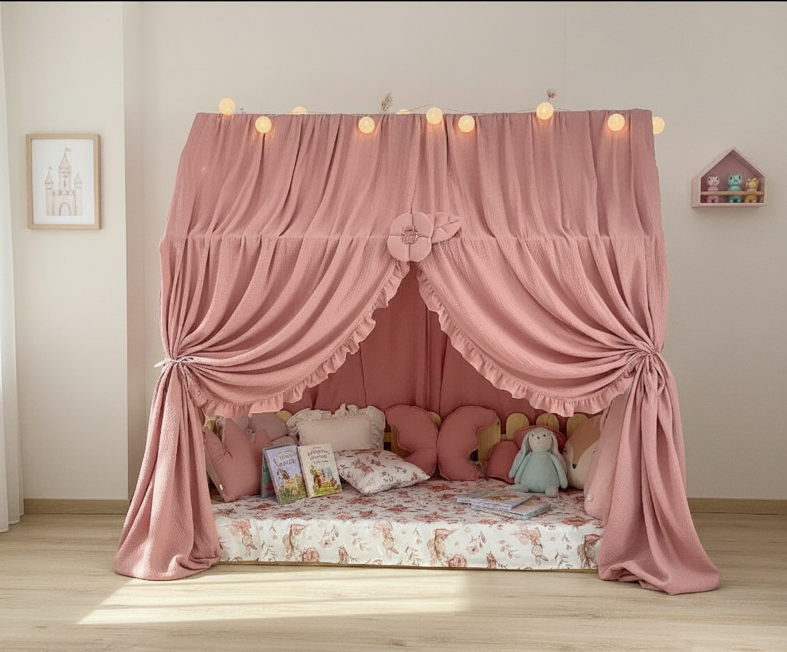 Pink canopy bedroom styling with soft pillows