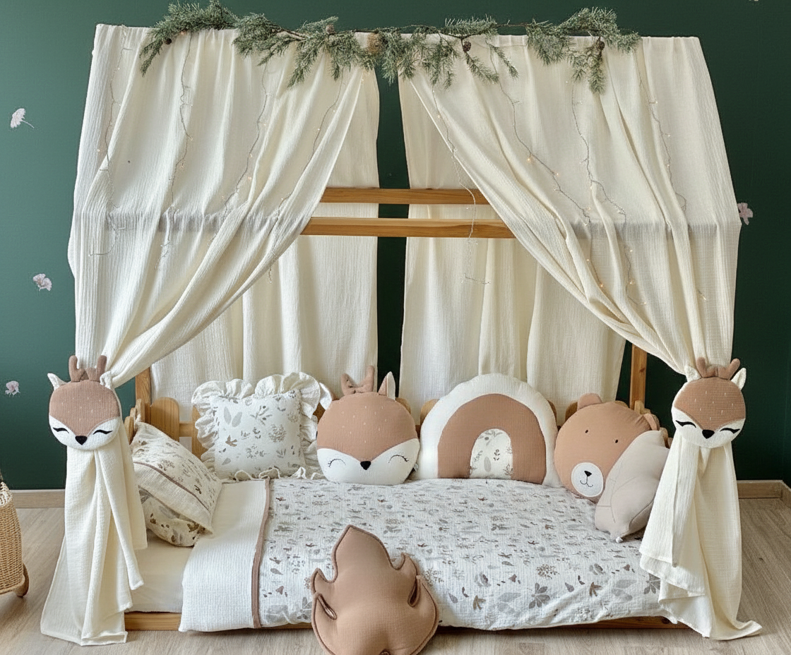 Cream muslin canopy draped over a wooden Montessori floor bed with woodland animal pillows.
