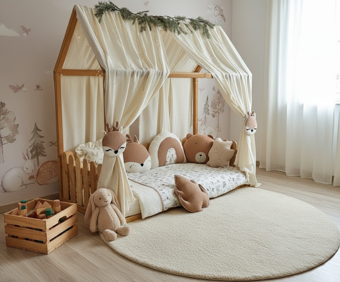 Toddler floor bed with soft cream canopy and fox themed pillows in a cozy kids room.
