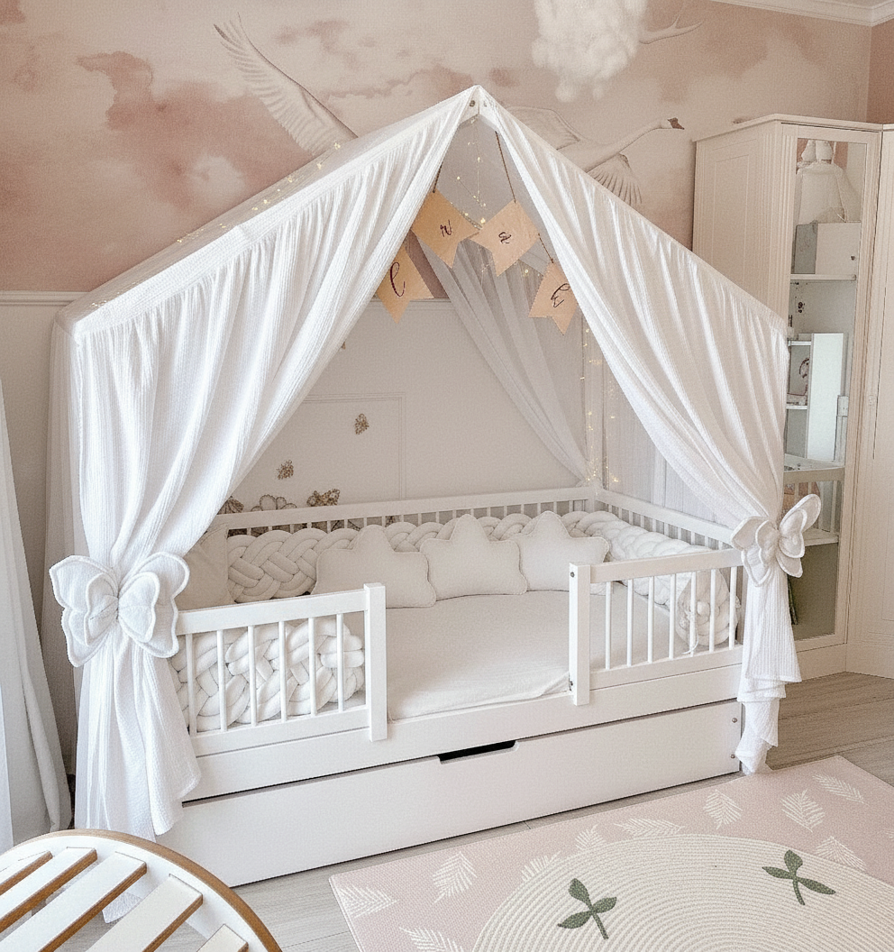 White / Golden Dots: White muslin canopy with golden dots, dreamy canopy tent for girls’ room.