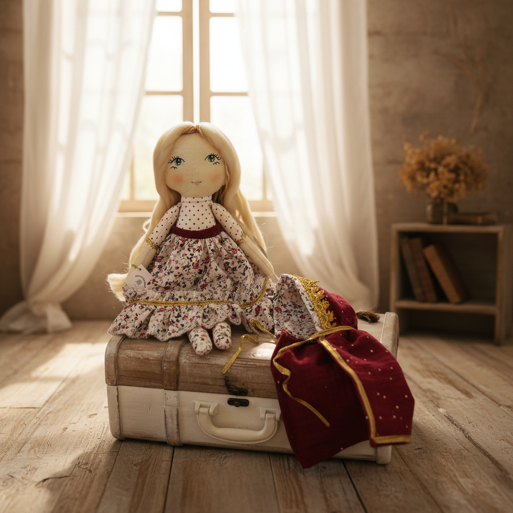 Velvet White handmade rag doll with red hoodie and floral skirt, long hair, hand embroidered stitched face