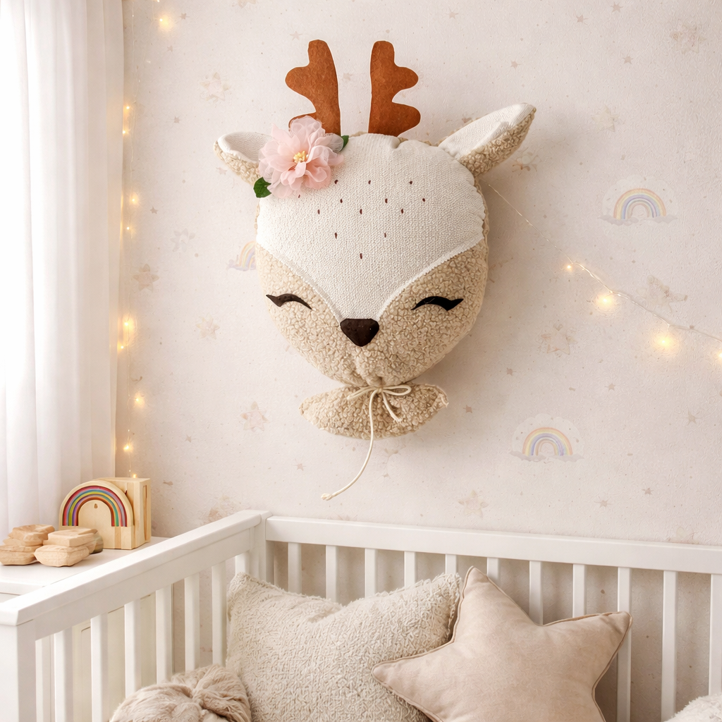Handmade deer wall decor for kids nursery with soft fabric and neutral colors
