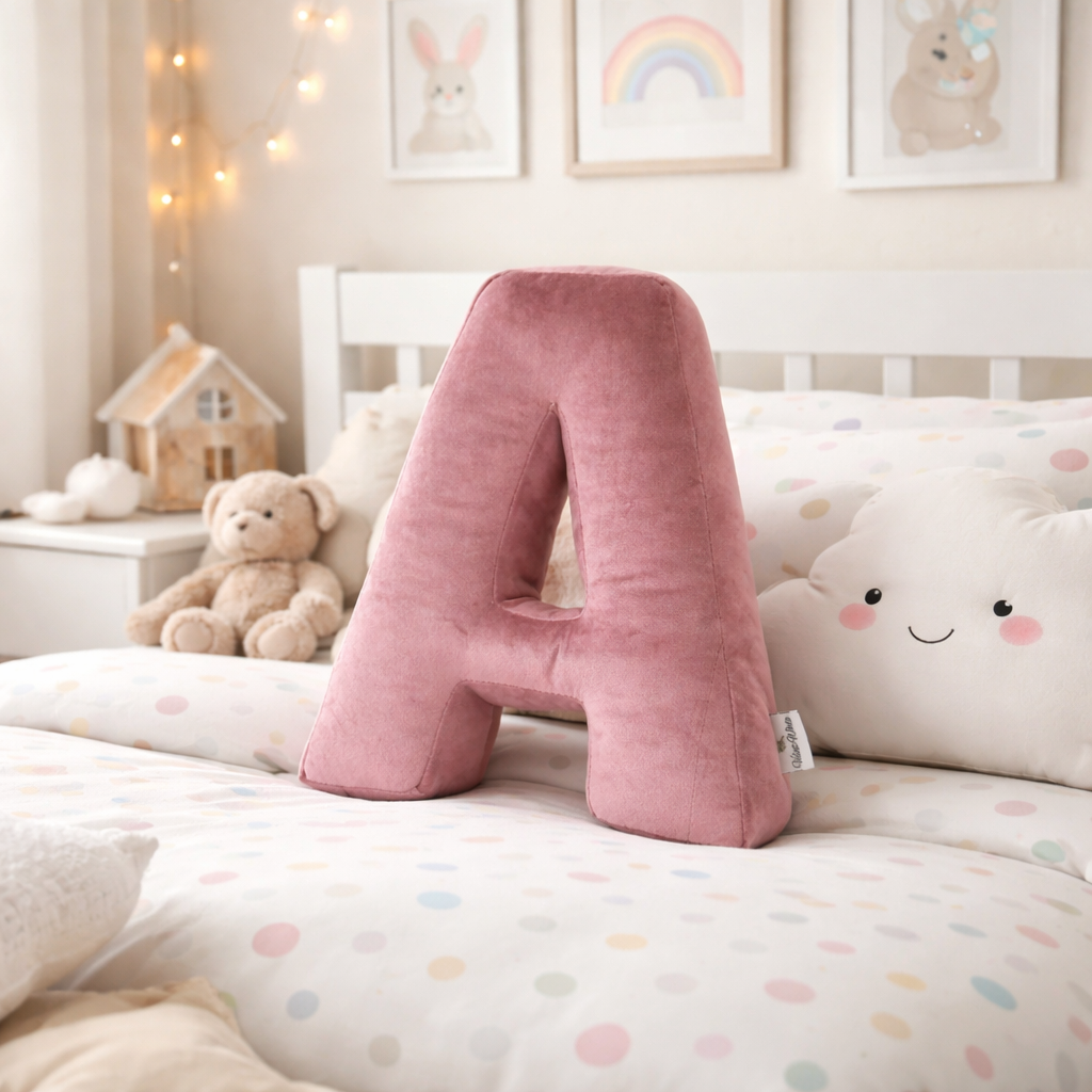 Pink velvet personalized letter A pillow for nursery decor on toddler bed
