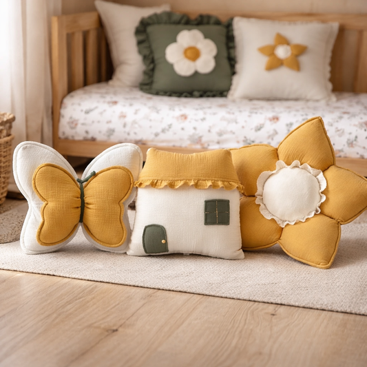Decorative pillows shaped like a butterfly, house, and flower on a wooden floor.