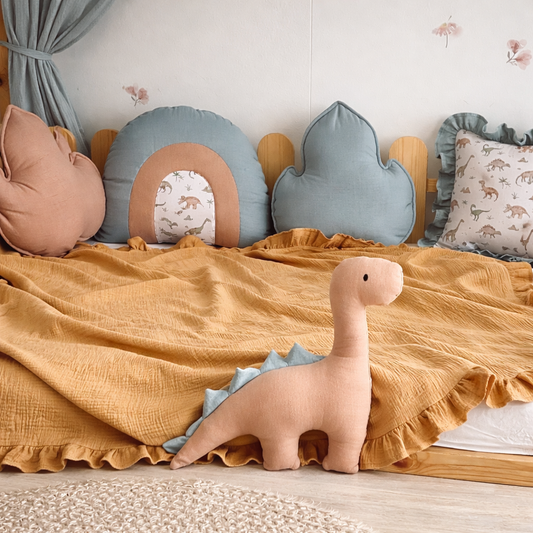 Dinosaur Decorative Kids Pillows – Rainbow, Leaf & Dino Cushions – Handmade Cotton Muslin Nursery Decor