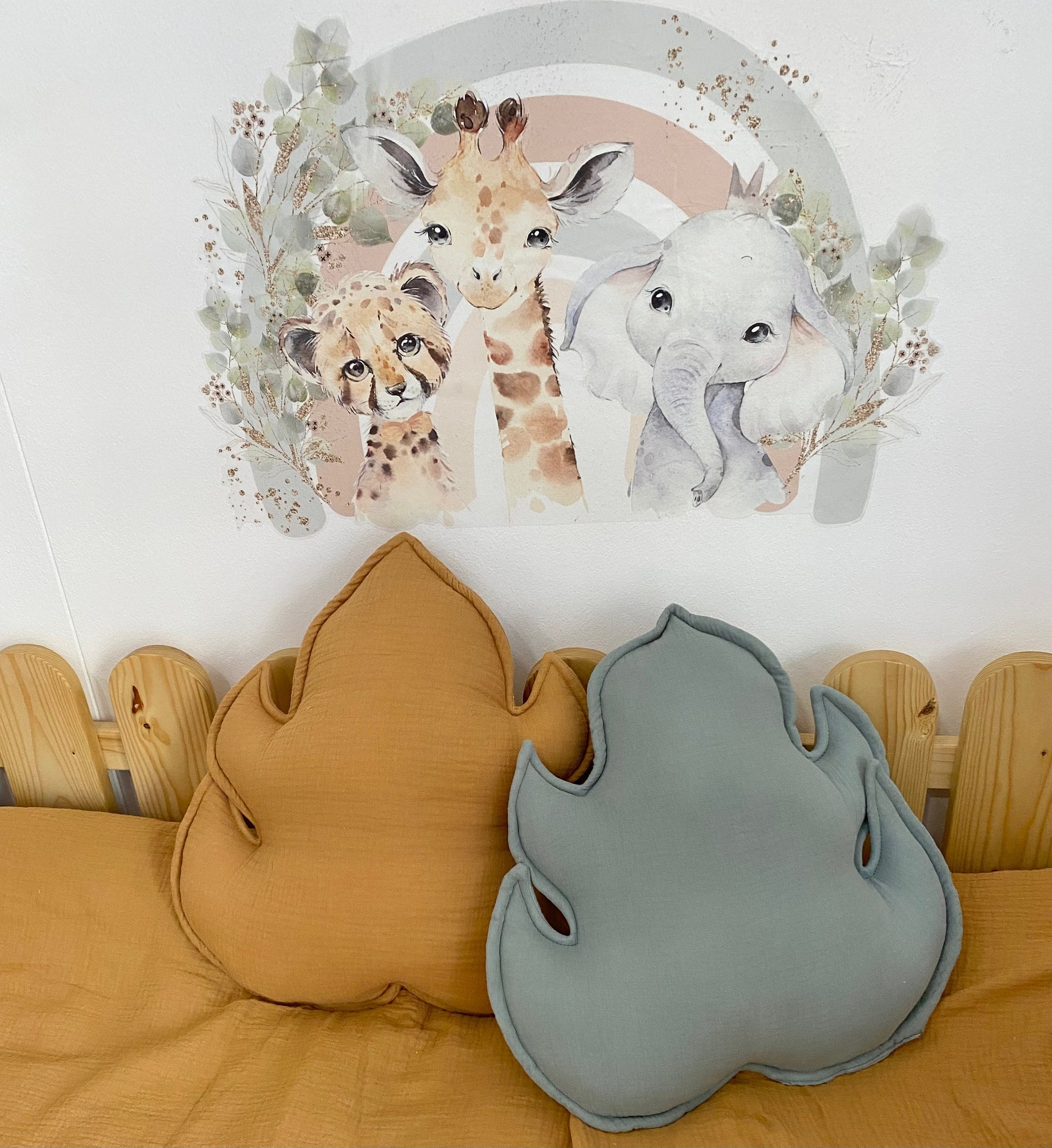 Leaves pillow in toddler reading nook