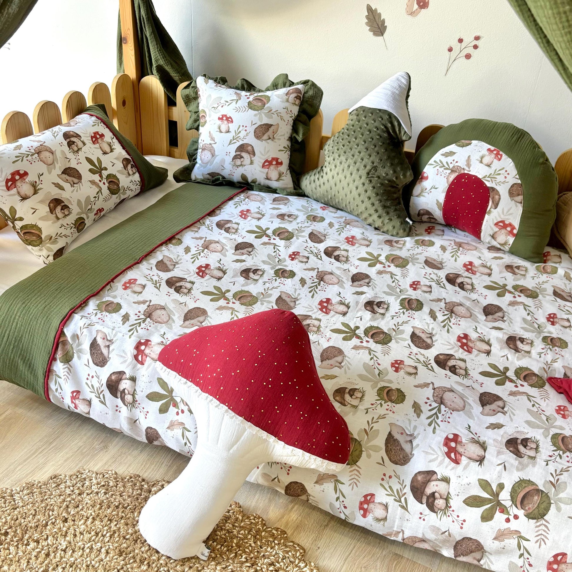 Kids Decorative Forest Friends Pillows, Mushroom Themed Children's Room